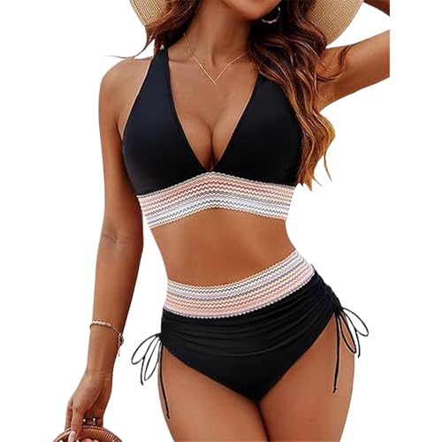 Generisch Couturesh Swimsuit, High Waist Tummy Control Colorblock Swimsuit Sets for Women (Black,XL) von Generisch