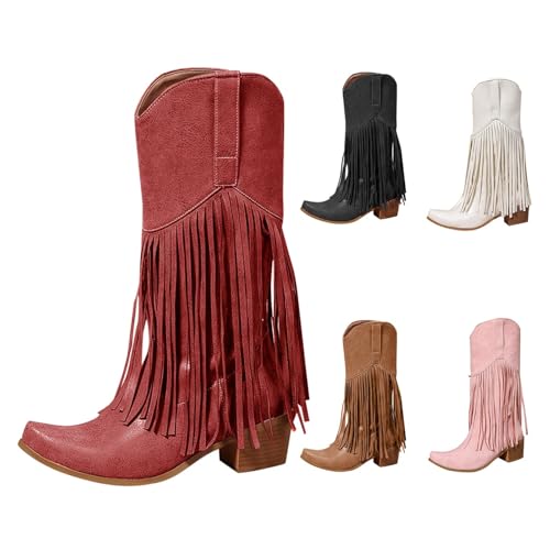 Generisch Cow Boy Boots Damen Stiefel mit Fransen Damen Cowboystiefel Wildleder Halbstiefel Cowboystiefel Schlupfschuhe Niederung Stiefeletten Kurzstiefel Cowboystiefeln von Generisch