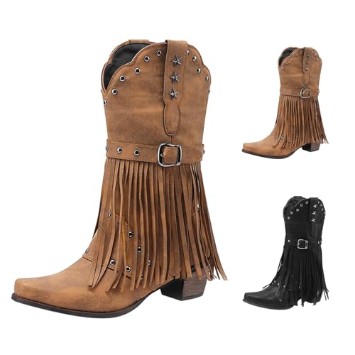 Generisch Cow Boy Boots Damen Stiefel mit Fransen Damen Cowboystiefel Wildleder Halbstiefel Cowboystiefel Schlupfschuhe Niederung Stiefeletten Kurzstiefel Stiefeletten von Generisch