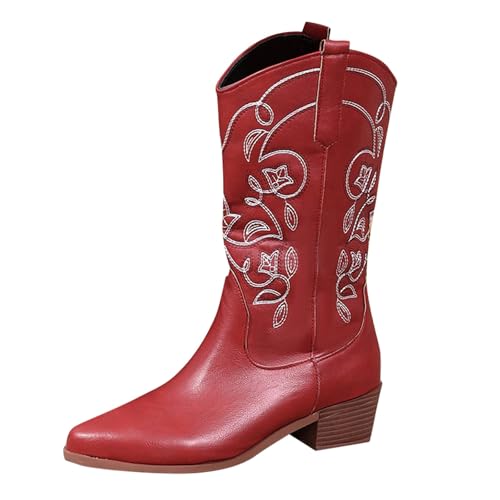 Generisch Cowboy Boots Stiefeletten Damen Mit Absatz Kurzstiefel Elegant Blockabsatz Snip Toe Kunstvolle Stickerei Strassdetails Ankle Boots Mode Retro Winterschuhe Damen von Generisch