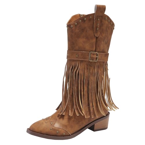 Generisch Cowboy Stiefel Damen Mit Fransen, Western Stiefeletten Damen Absatz Cowboystiefel Mit Blockabsatz Westernstiefel Gürtelschnalle Reitstiefel Vintage Halbstiefel Western Übergangsstiefel von Generisch