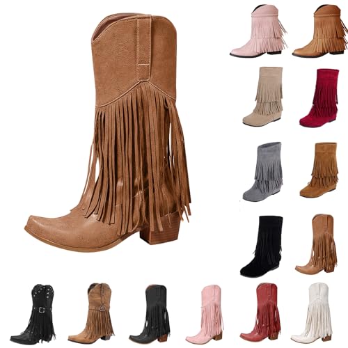Generisch Cowboy Stiefel Stiefel mit Fransen Damen Cowboystiefel Wildleder Halbstiefel Cowboystiefel Schlupfschuhe Niederung Stiefeletten Kurzstiefel Damen Stiefeletten von Generisch