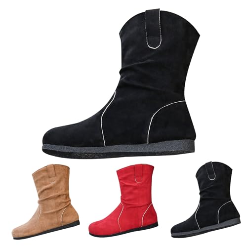 Generisch Cowboy Stiefeletten Damen Cowboystiefel Damen Winter Cowboy Boots Western Vintage Wildleder Weitschaft Westernstiefel Wasserdicht Retro Stiefeletten Halbhoch Stiefel Schwarz von Generisch