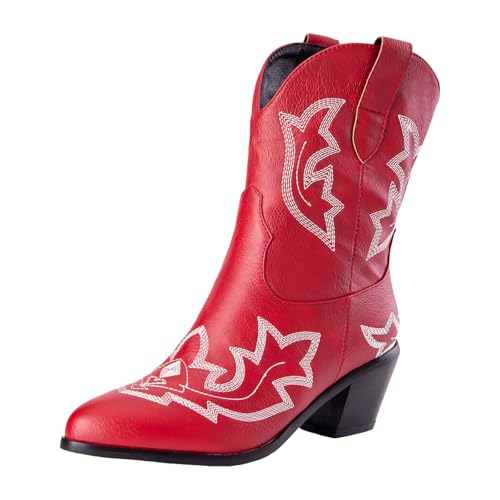 Generisch Cowboy Stiefeletten Damen Damenstiefel Westernstiefel Elegant Absatz Halbstiefel Kurzstiefel Schlupfschuhe Übergangsstiefel Blockabsatz Ankle Boots Halbhoch Kurzstiefel von Generisch