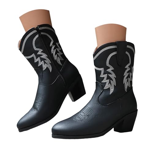 Generisch Cowboy Stiefeletten Damen Damenstiefel Westernstiefel Elegant Absatz Halbstiefel Kurzstiefel Schlupfschuhe Übergangsstiefel Blockabsatz Ankle Boots Halbhoch Kurzstiefel von Generisch