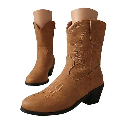 Generisch Cowboy Stiefeletten Damen Damenstiefel Westernstiefel Elegant Absatz Halbstiefel Kurzstiefel Schlupfschuhe Übergangsstiefel Blockabsatz Ankle Boots Halbhoch Kurzstiefel von Generisch