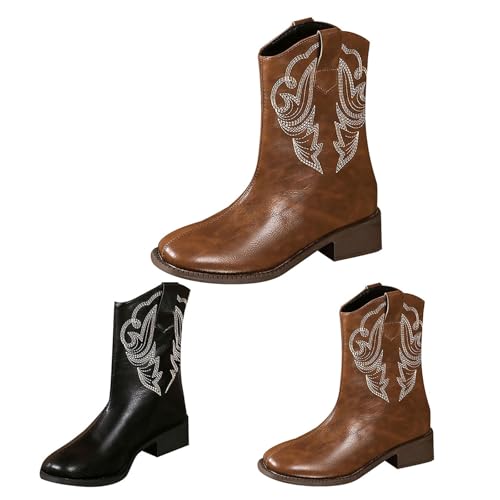 Generisch Cowboy Stiefeletten Damen Leder, Halbstiefel Stickerei-Jacquard Westernstiefel Blockabsatz Lederstiefel Halbschaft Schlupfstiefel rutschfest Reitstiefel Faruen Pu-Leder-Stiefel von Generisch