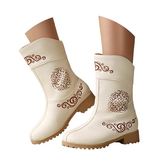 Generisch Cowboy Stiefeletten Damen Schlupfstiefel Medium Heel Winterstiefel Kurzstiefel Damenstiefel Keilstiefeletten Westernstiefel Herbst Winter Reitstiefel Dirndl Schuhe von Generisch