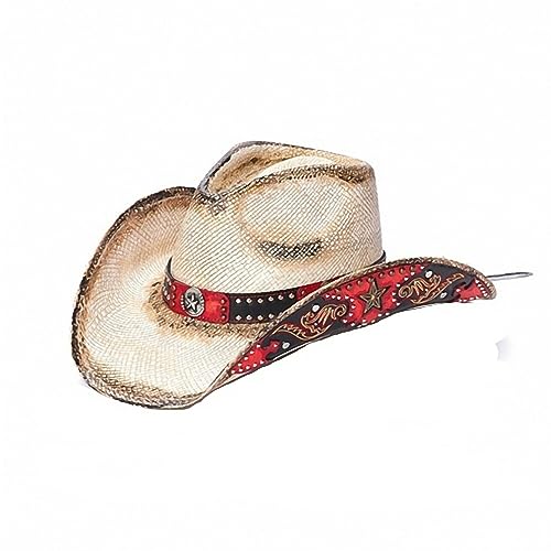 Generisch Cowboyhut Strohhut Westernhut Red Inspiration Line Dance Beige Rot (XS) von Generisch