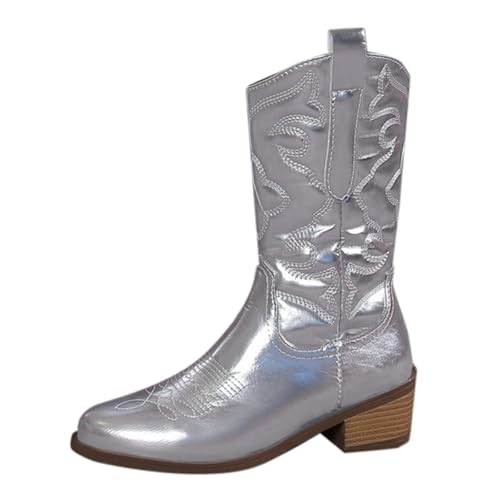 Generisch Cowboystiefel Damen Chunky Heels Westernstiefel Halbhohe Schlupfstiefel Mit Blockabsatz In Lackoptik Seitlicher Reißverschluss Biker Boots Breite Waden Vintage Stil Mittelhohe Stiefel von Generisch