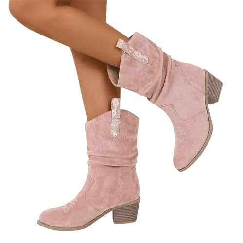 Generisch Cowboystiefel Damen Cowboy Boots Wildleder Stiefeletten Halbstiefel Schlupfschuhe Niederung Stiefel Kurzstiefel Übergangsstiefel Blockabsatz Ankle Halbhoch Damenstiefel Karneval (Rosa,38) von Generisch