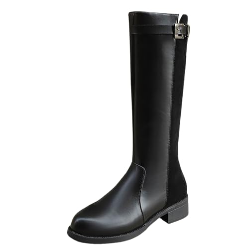 Generisch Cowboystiefel Damen Hoch Stiefel Damen Schwarz Kniehoch, Schlupfstiefel Rundkopf Damenstiefel Römische Langschaft Stiefel Low Heel Halbstiefel Gürtelschnalle Winterstiefel Pu Lederstiefel von Generisch