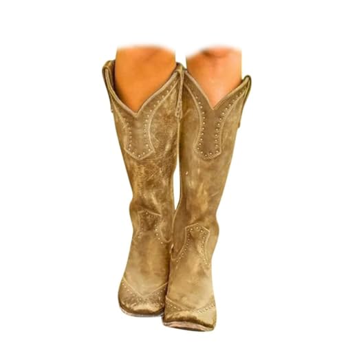 Generisch Cowboystiefel Damen Langschaft Stiefel Retro Reißverschluß Boots Ankle Boots Halbhohe Westernstiefel Blockabsatz Cowboy Stiefel Winter Herbst Übergangsstiefel Stiefel von Generisch