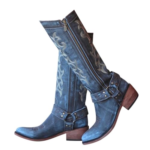 Generisch Cowboystiefel Damen Langschaft Stiefel Retro Reißverschluß Boots Ankle Boots Halbhohe Westernstiefel Blockabsatz Cowboy Stiefel Winter Herbst Übergangsstiefel Stiefel von Generisch