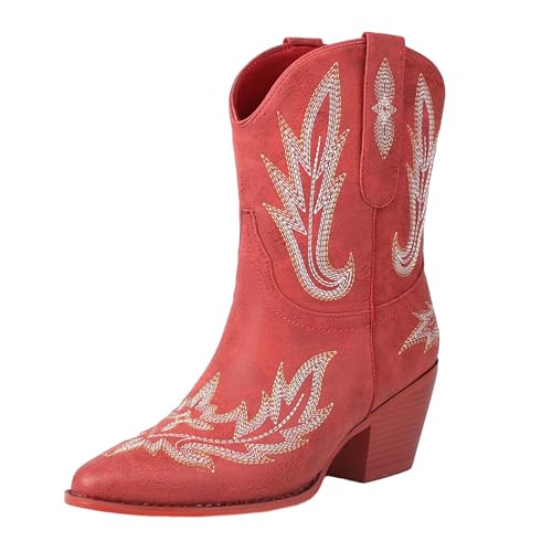Generisch Cowboystiefel Damen Leder Stiefeletten Damen Mit Absatz Kurzstiefel Elegant Blockabsatz Snip Toe Kunstvolle Stickerei Strassdetails Ankle Boots Mode Retro Reiterstiefel von Generisch