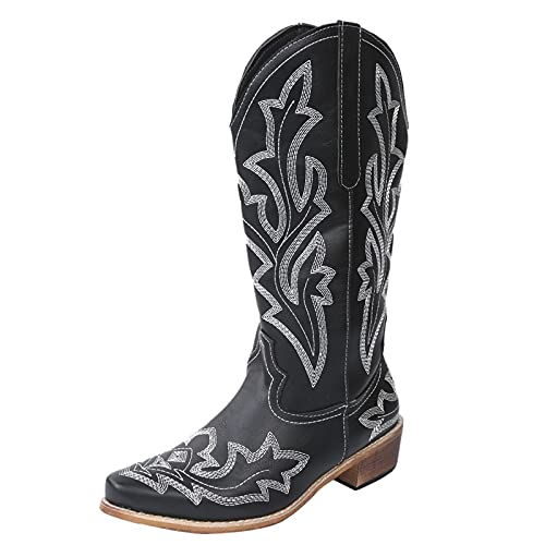Generisch Cowboystiefel Damen Mittel Hoch Westernstiefel Damen Mit Trichterabsatz Halbstiefel Stickerei Reitstiefel Spitzer Zehenpartie Schlupfstiefel Langschaf Damenstiefel Winterstiefel von Generisch