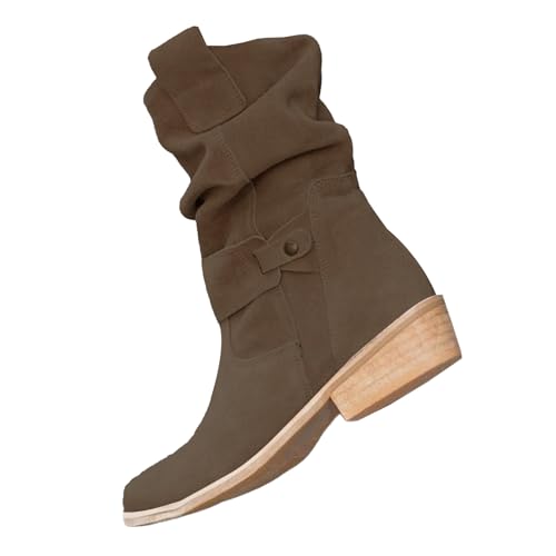 Generisch Cowboystiefel Damen Slouchy Boots Cowboy Boot Westernstiefel Stiefeletten Mit Absatz Und Schnalle Wildleder Halbstiefel Elegant Ankle Classic Festivals Damenstiefel (Grau,37) von Generisch