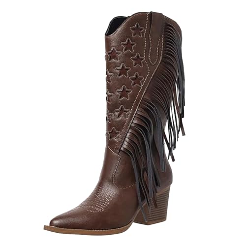 Generisch Cowboystiefel Damen Stiefel Mit High Heel Fransen Stickerei Und Sternen-Druck Western Party-Abende Hochschaftstiefel Für Country-Musikfestivals, Tanzen Und Nachtclub-Events (Kaffee,41) von Generisch
