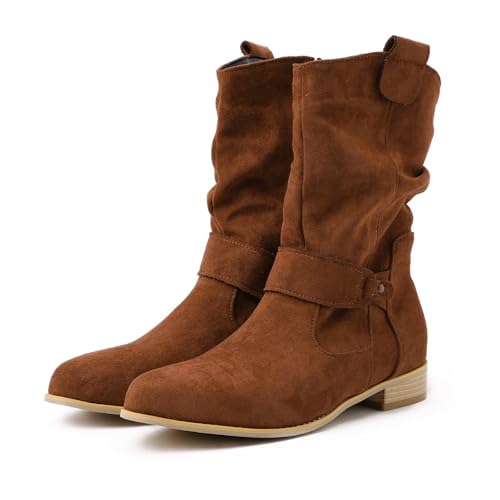 Generisch Cowboystiefel Damen Stiefeletten Damen Elegant Wildleder Stiefeletten mit Lockerer Rüschen Struktur und Klettverschluss Accent für Vielfältige Looks von Generisch