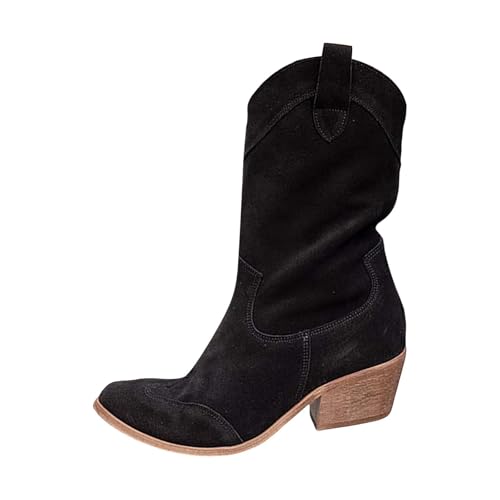 Generisch Cowboystiefel Damen Wildleder Westernstiefel Cowboy Stiefel Retro Reißverschluß Boots Blockabsatz Wadenstiefel Mid Calf Ritterstiefel Halbstiefel Reitstiefel Damenstiefel Übergangsstiefel von Generisch