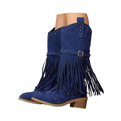 Generisch Cowboystiefel Damen Wildleder Wintermode Trend Quaste Winterstiefel Mode Westernstiefel Einfarbige Runde Zehen Damenschuhe Dicke Ferse Stiefel Elevate Boots Reitstiefel von Generisch