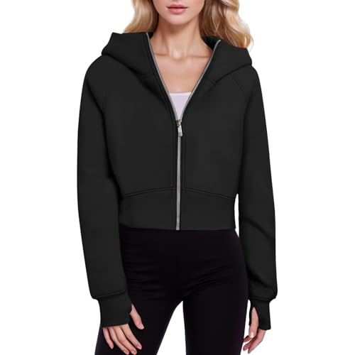 Generisch Cropped Sweatjacke Damen Zipper Hoodie Kurz Damen-Jacken mit Kapuze Zip Up Kapuzenjacke Fleece-Innenfutter Kapuzenpullover Reißverschluss Autumn Winter Sweatshirt Jacke übergangsjacke von Generisch