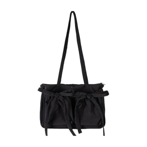 Generisch Crush Bow Tote Bag, solide Schultertasche aus Nylon mit großem Fassungsvermögen, Tragetasche mit Reißverschluss für Damen, leichte, süße Schleifen-Geldbörse (Black,One Size) von Generisch