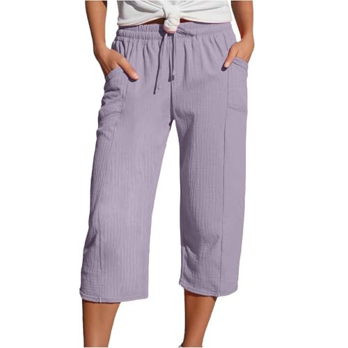 Culotte Damen Leinenhose Sommer 3/4 Musselin Hose Leicht Leinen Sommerhose Mit Taschen Causal Locker Caprihose Elastische Bequeme Stoffhose Sport Freizeit Strandhose Lila M von Generisch