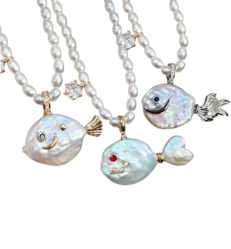 Generisch Cute Pearl Fish Zircon Pendant Necklace, Natural Pearl Irregular Fish Shape Women Pendant, Summer Beach Ocean Jewelry Clavicle Chain for Anniversary Birthday Gift von Generisch