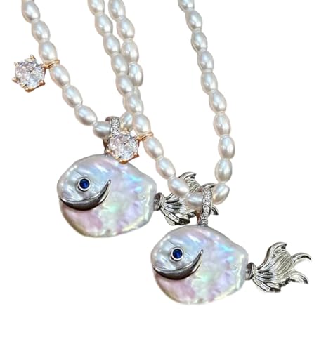 Generisch Cute Pearl Fish Zircon Pendant Necklace, Natural Pearl Irregular Fish Shape Women Pendant, Summer Beach Ocean Jewelry Clavicle Chain for Anniversary Birthday Gift von Generisch