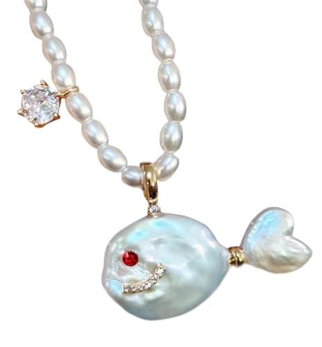 Generisch Cute Pearl Fish Zircon Pendant Necklace, Natural Pearl Irregular Fish Shape Women Pendant, Summer Beach Ocean Jewelry Clavicle Chain for Anniversary Birthday Gift von Generisch
