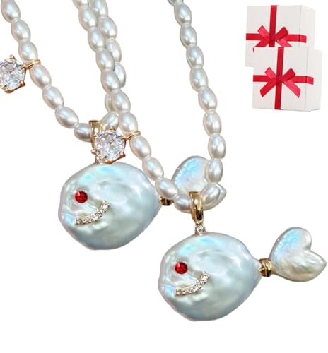 Generisch Cute Pearl Fish Zircon Pendant Necklace, Natural Pearl Irregular Fish Shape Women Pendant, Summer Beach Ocean Jewelry Clavicle Chain for Anniversary Birthday Gift von Generisch