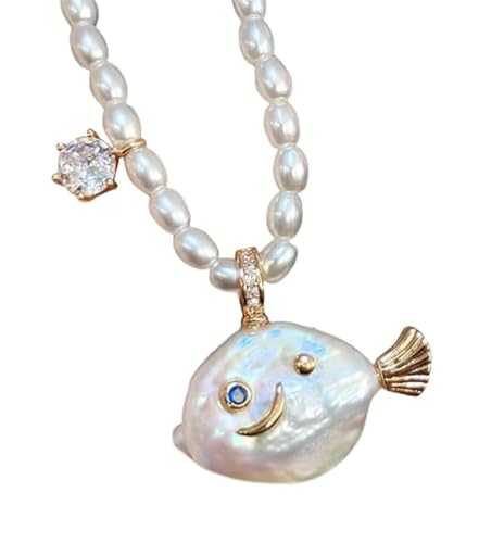 Generisch Cute Pearl Fish Zircon Pendant Necklace, Natural Pearl Irregular Fish Shape Women Pendant, Summer Beach Ocean Jewelry Clavicle Chain for Anniversary Birthday Gift von Generisch