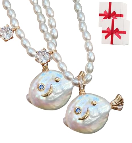 Generisch Cute Pearl Fish Zircon Pendant Necklace, Natural Pearl Irregular Fish Shape Women Pendant, Summer Beach Ocean Jewelry Clavicle Chain for Anniversary Birthday Gift von Generisch