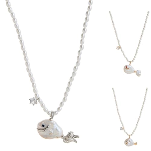 Generisch Cute Pearl Fish Zircon Pendant Necklace for Women, Natural Pearl Beach Ocean Jewelry Gift, Summer Fish Charm Choker for Anniversary Birthday Gift for Her (A) von Generisch