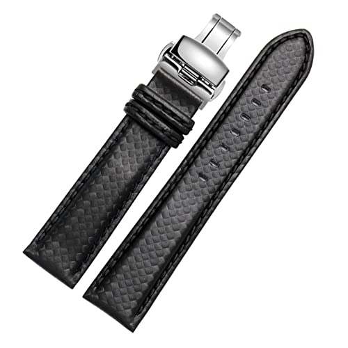 Generisch DSHDFJ 18mm 20mm 22mm 24mm Herrenuhrband Kohlefaser-Uhr-Armband mit rot genäht + Lederfutter Edelstahl-Schließer-Armband(Black deploy clasp,18mm silver clasp) von Generisch