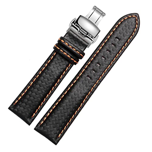 Generisch DSHDFJ 18mm 20mm 22mm 24mm Herrenuhrband Kohlefaser-Uhr-Armband mit rot genäht + Lederfutter Edelstahl-Schließer-Armband(Orange deploy clasp,18mm black clasp) von Generisch