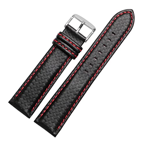 Generisch DSHDFJ 18mm 20mm 22mm 24mm Herrenuhrband Kohlefaser-Uhr-Armband mit rot genäht + Lederfutter Edelstahl-Schließer-Armband(Red pin clasp,18mm black clasp) von Generisch