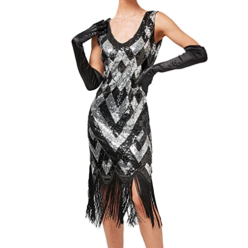Generisch Damen 1920s Pailletten Kleid Flapper Charleston Perlen Quasten Gatsby Motto Party Kost m 20er Jahre Abschlussballkleid Cocktailkleid Fasching von Generisch