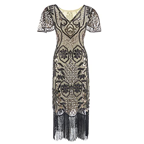 Generisch Damen 1920s Vintage Kleid Flapper Charleston Pailletten Perlen Quasten Gatsby Kost m 20er Jahre Retro Stil Abschlussballkleid Cocktailkleid Fasching Paillettenkleider von Generisch