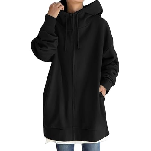 Generisch Damen 2024 Sweatjacke lang mit Kapuze Strickjacke Lange Bomberjacke Damen stoffmantel Damen Strickjacke Damen mit Reissverschluss Damen-Sweatjacke Spring Coat Women von Generisch