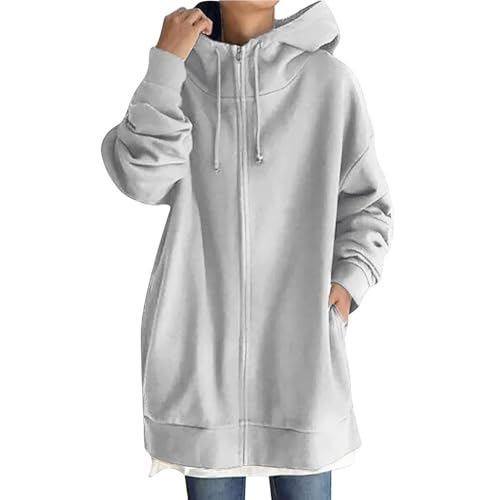 Generisch Damen 2024 Sweatjacke lang mit Kapuze Strickjacke Sweatjacke grau Damen Damen Cardigan Winter sweatmantel Damen lang Sweatjacke für Frauen Shirtjacke Damen lang von Generisch