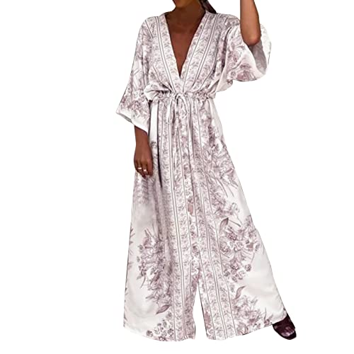 Generisch Damen 2025 Sommer Kleid Elegant Leinen Kleider Bequeme Grundlagen Kleider Einfarbige Kleider mit Knöpfen Damen Bohemian Langarm Kleid Strandkleid Minikleid Bohemian Tunika Kleid (Beige, M) von Generisch