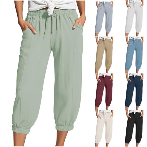 Generisch Damen 3/4 Musselin Hose Sommer Leinenhose Leicht mit Taschen Leinen Sommerhose Causal Locker Caprihose Elastische Bequeme Stoffhose Elegant Strandhose Damen Leinen Shorts von Generisch