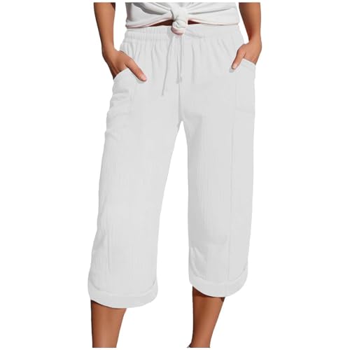 Damen 3/4 Musselin Hose Sommer Leinenhose Leicht mit Taschen Leinen Sommerhose Causal Locker Caprihose Elastische Bequeme Stoffhose Strandhose Damen Leinen Shorts (White, XXXXL) von Generisch