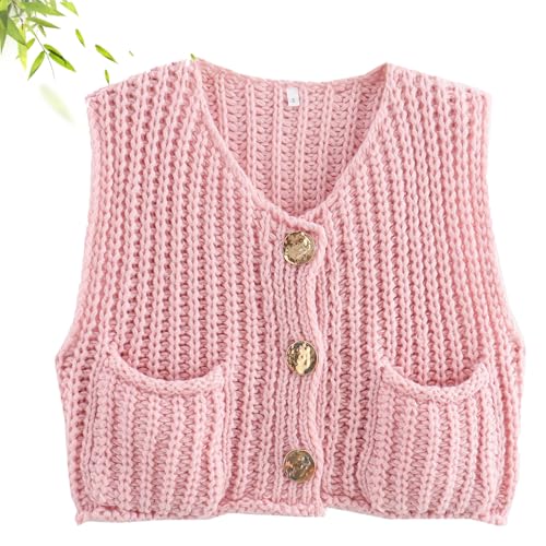 Generisch Damen Ärmellos Crop Knit Cardigan, Einfarbig Strickweste mit Knöpfen, Damen Häkeloberteil (K,S) von Generisch