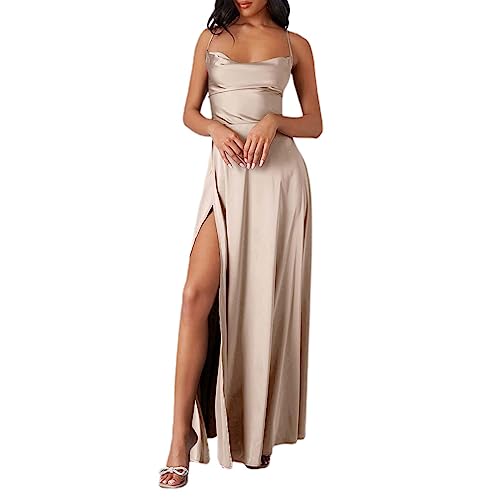 Generisch Damen Abendkleid Lang mit Schlitz Satin Ballkleid Elegant Satin Korsett Plissee Kleider A-Linien Rückenfreies Spaghetti Neckholder Partykleid Lange V-Ausschnitt Brautjungfernkleider von Generisch