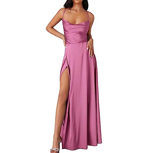 Generisch Damen Abendkleid Lang mit Schlitz Satin Ballkleid Elegant Satin Korsett Plissee Kleider A-Linien Rückenfreies Spaghetti Neckholder Partykleid Lange V-Ausschnitt Brautjungfernkleider von Generisch