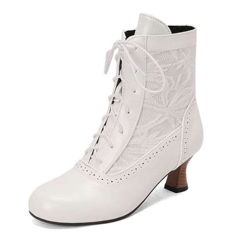 Generisch Damen Ankle Boots für Große Größen Schnüren Dicke Absätze Trendige Western Stiefel Komfortable Stiefel für Alltag besondere Anlässe (White, 38) von Generisch