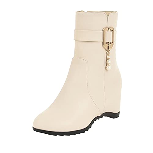 Generisch Damen Ankle Boots mit Reißverschluss Perlen Gürtelschnalle modische Stiefel für Damen eleganter Look bequemes Tragen vielseitig einsetzbar (Beige, 42) von Generisch